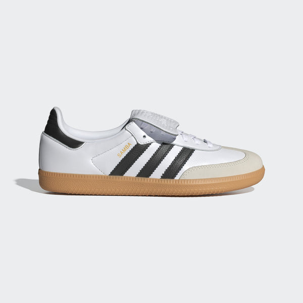 adidas Samba LT shoes with oversized football-inspired tongue, premium leather upper, nubuck toe, and rubber outsole