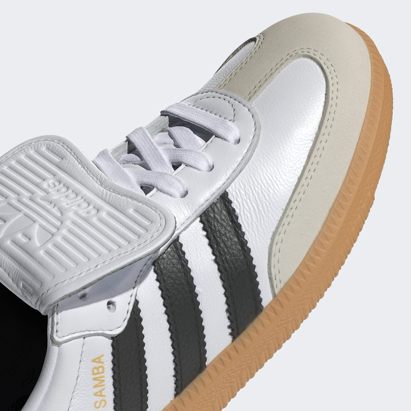 adidas Samba LT shoes with oversized football-inspired tongue, premium leather upper, nubuck toe, and rubber outsole