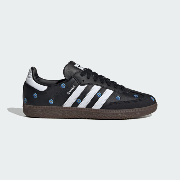 Adidas Samba OG with floral embroidery on smooth leather upper, showcasing a classic indoor football design updated for modern casual wear, featuring a durable rubber outsole and reinforced T-toe.