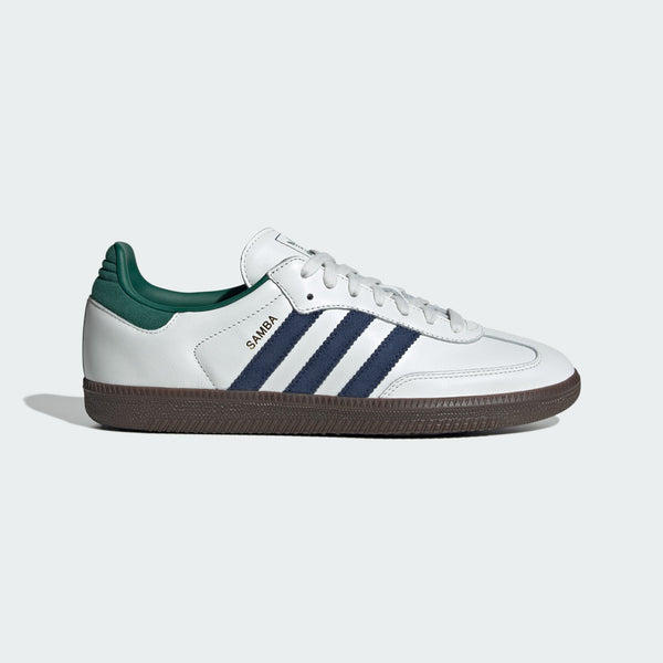 Adidas Samba OG shoes showcasing a leather upper, serrated 3-Stripes, reinforced toe, suede accents, and heel patches, reflecting a modern take on the classic indoor football training design.