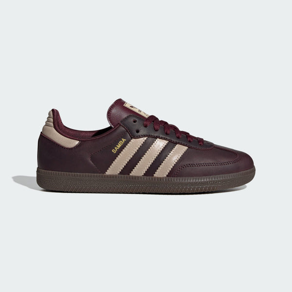 adidas Samba OG shoes in premium leather with shiny accents, showcasing their iconic silhouette and versatile style.


