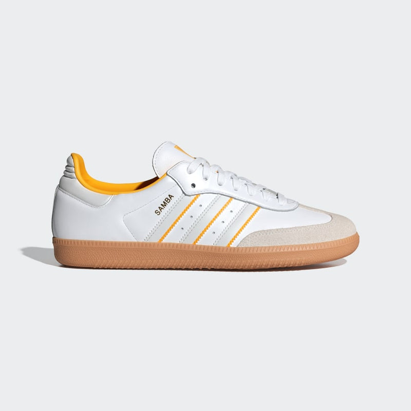 Adidas Samba OG shoes with gum rubber outsole and serrated 3-Stripes, showcasing classic design elements and modern style.