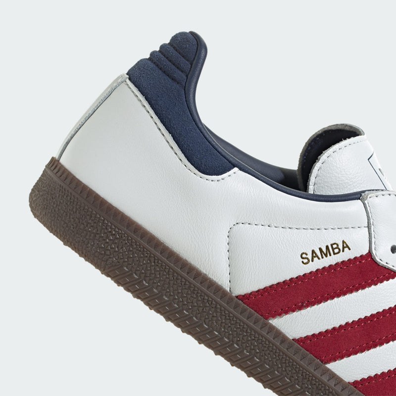 Adidas Samba OG shoes with a leather upper, serrated 3-Stripes, reinforced toe, and suede accents, celebrating over 70 years of timeless style.