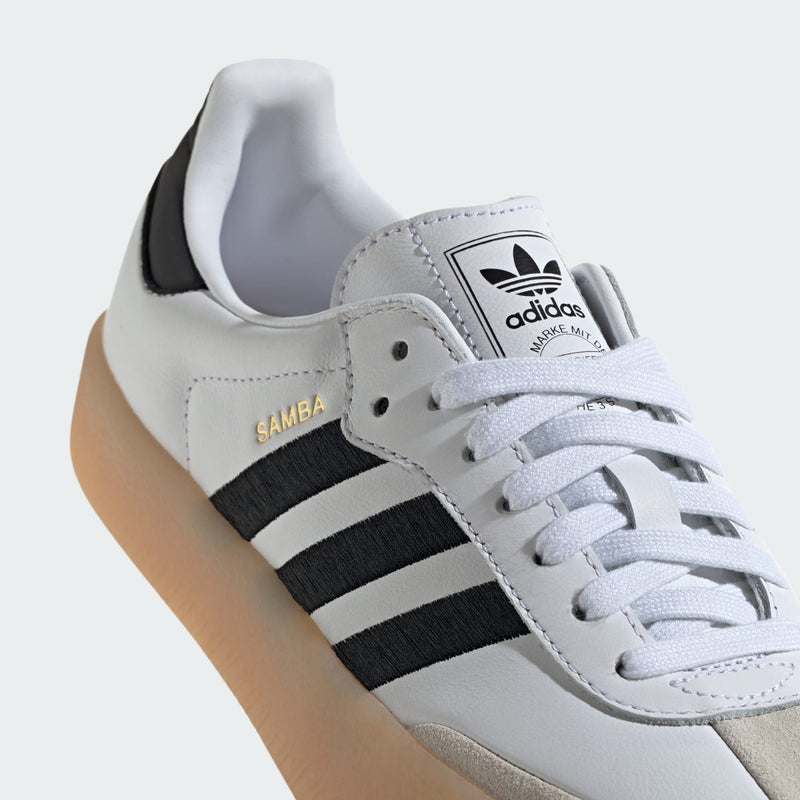 Adidas Samba shoes showcasing a modern twist on the classic design. Featuring a smooth leather upper, translucent gum rubber outsole, and premium embroidered 3-Stripes, these shoes effortlessly blend athletic heritage with street style. 