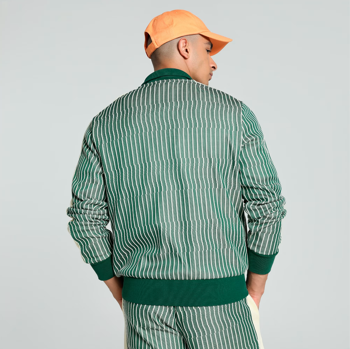Vintage-inspired T7 jacket with graphic jacquard knit and signature sleeve panels from The Players’ Lane collection.