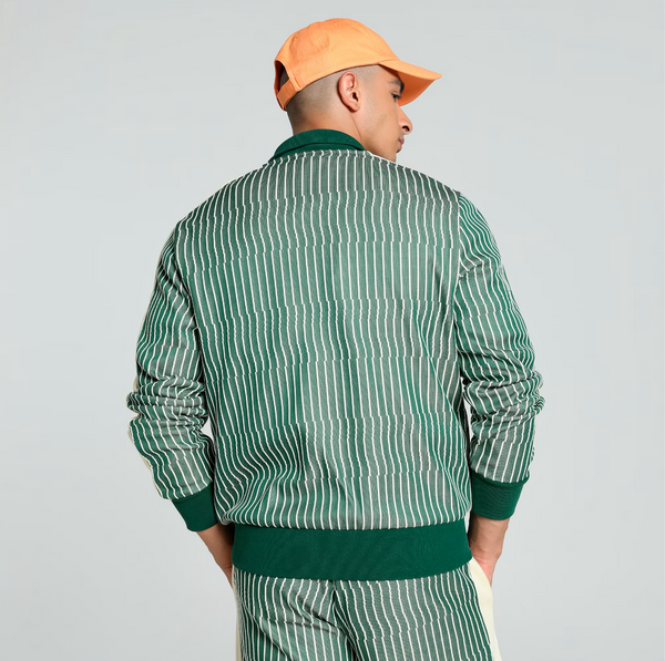 Vintage-inspired T7 jacket with graphic jacquard knit and signature sleeve panels from The Players’ Lane collection.