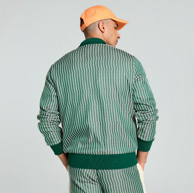 Vintage-inspired T7 jacket with graphic jacquard knit and signature sleeve panels from The Players’ Lane collection.