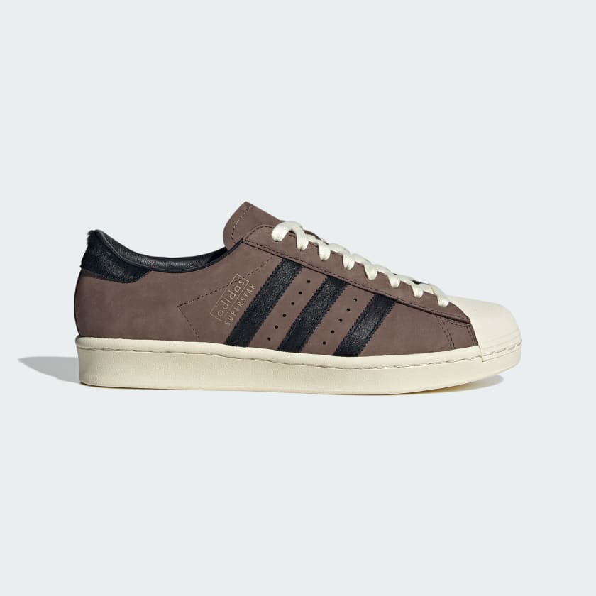 adidas Superstar shoes with premium nubuck upper, pony hair 3-Stripes and heel, and classic shell toe design