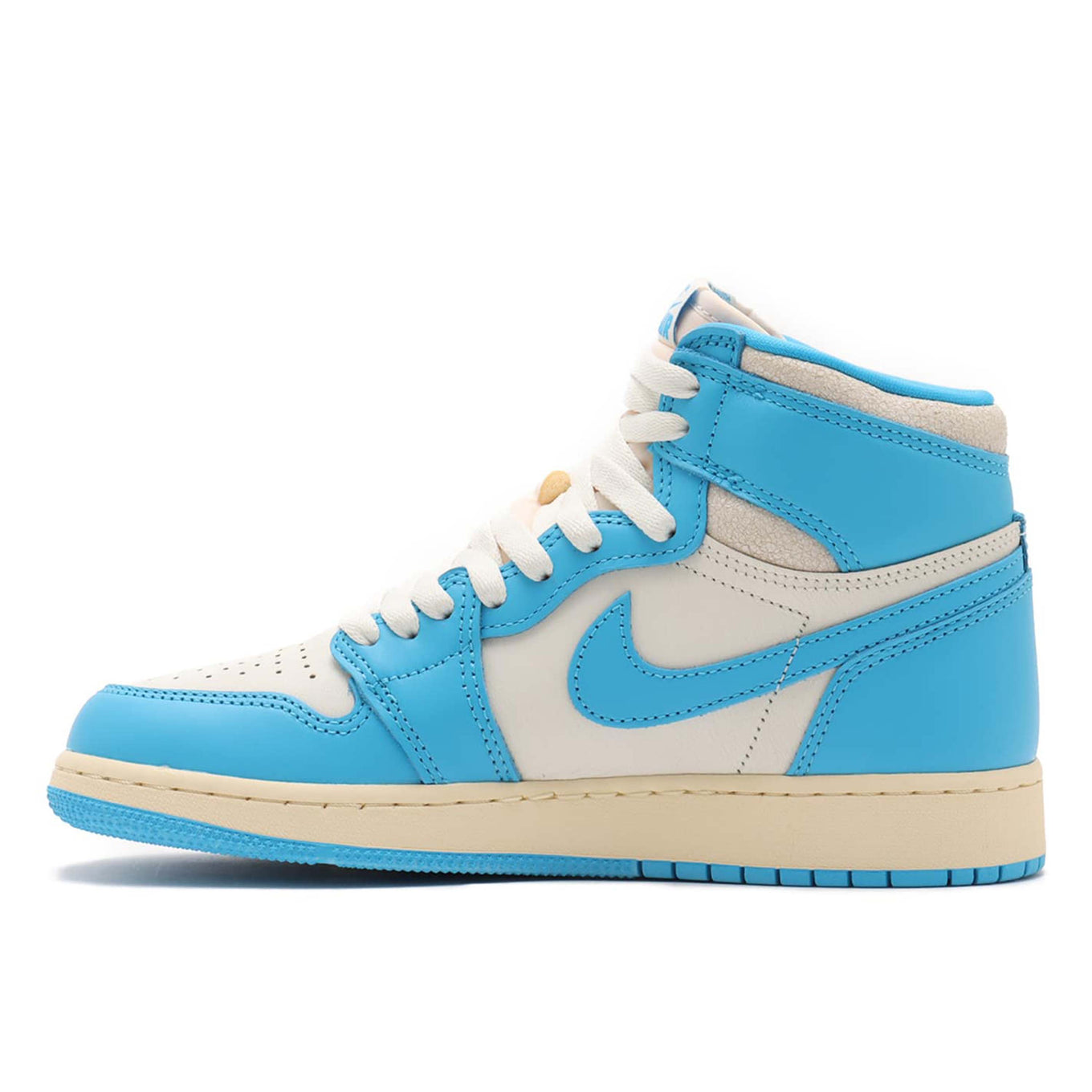 Air Jordan 1 Retro High OG University Blue with distressed leather, Sail and Dark Powder Blue colorway, inspired by Michael Jordan’s college years