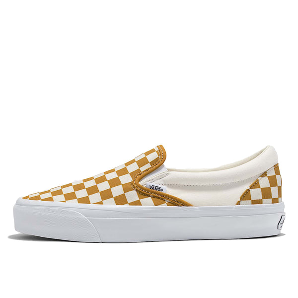 Premium Slip-On 98 Shoes featuring a checkerboard print, full-grain leather collar lining, gloss-finished sidewalls, and Sola Foam All-Day-Comfort.