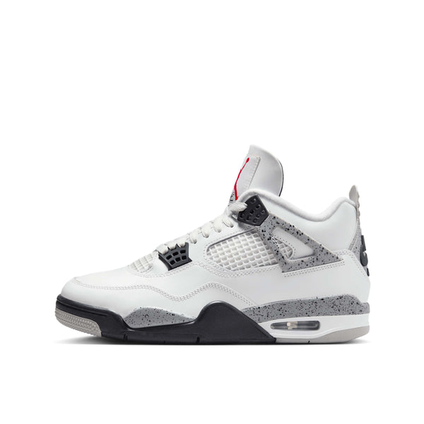 Air Jordan 4 White Cement with Summit White leather, cement speckled accents, and Nike Air heel logo