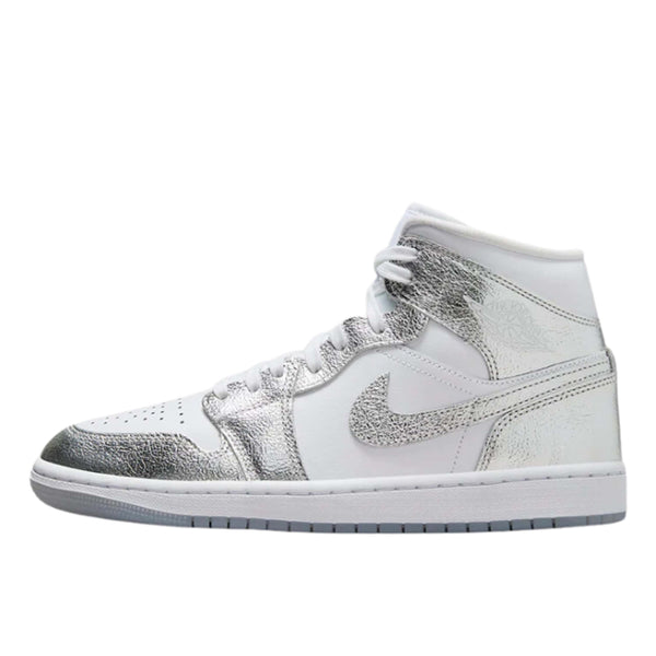 Air Jordan 1 mid-top sneaker, featuring a chrome-like upper that sparkles and catches the eye.