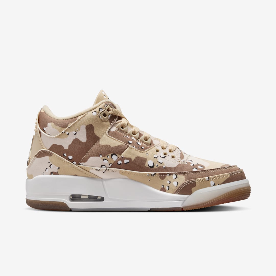 Desert Camo edition of the AJ3 sneakers with textured textile upper, raised Jumpman logo on tongue, Brilliant Orange accents on sole, and matching dog tag for laces