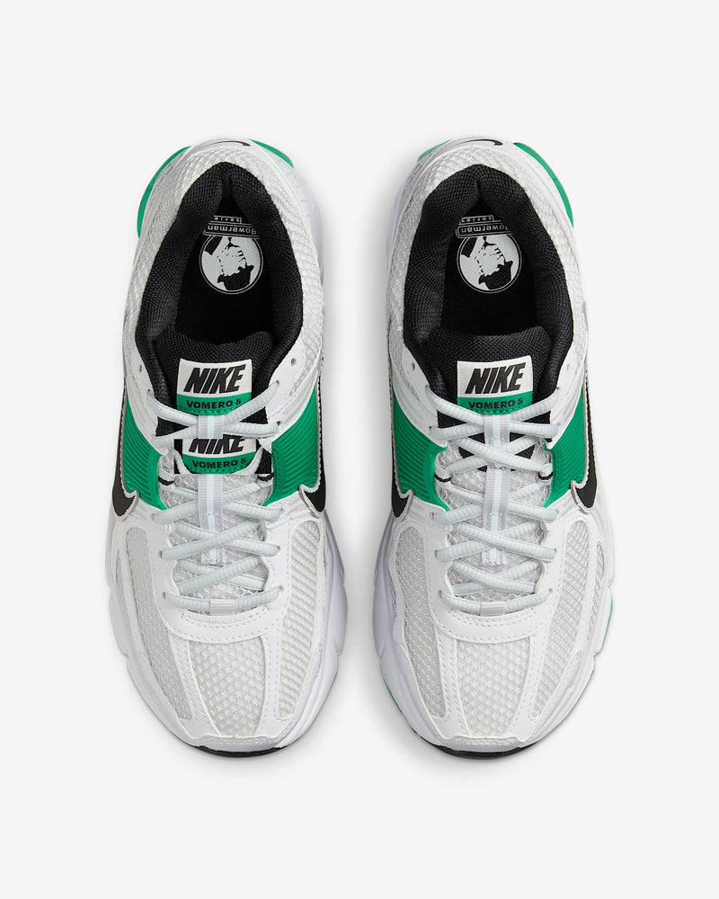 Zoom Vomero 5 "White/Stadium Green" with mesh upper, synthetic overlays, Zoom Air, and durable rubber outsole.