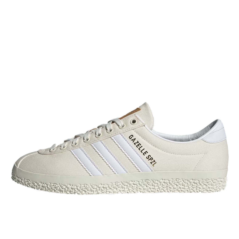 Gazelle shoes featuring a low-top design with a white denim upper, complemented by a leather lining for comfort and a rubber outsole for stability.