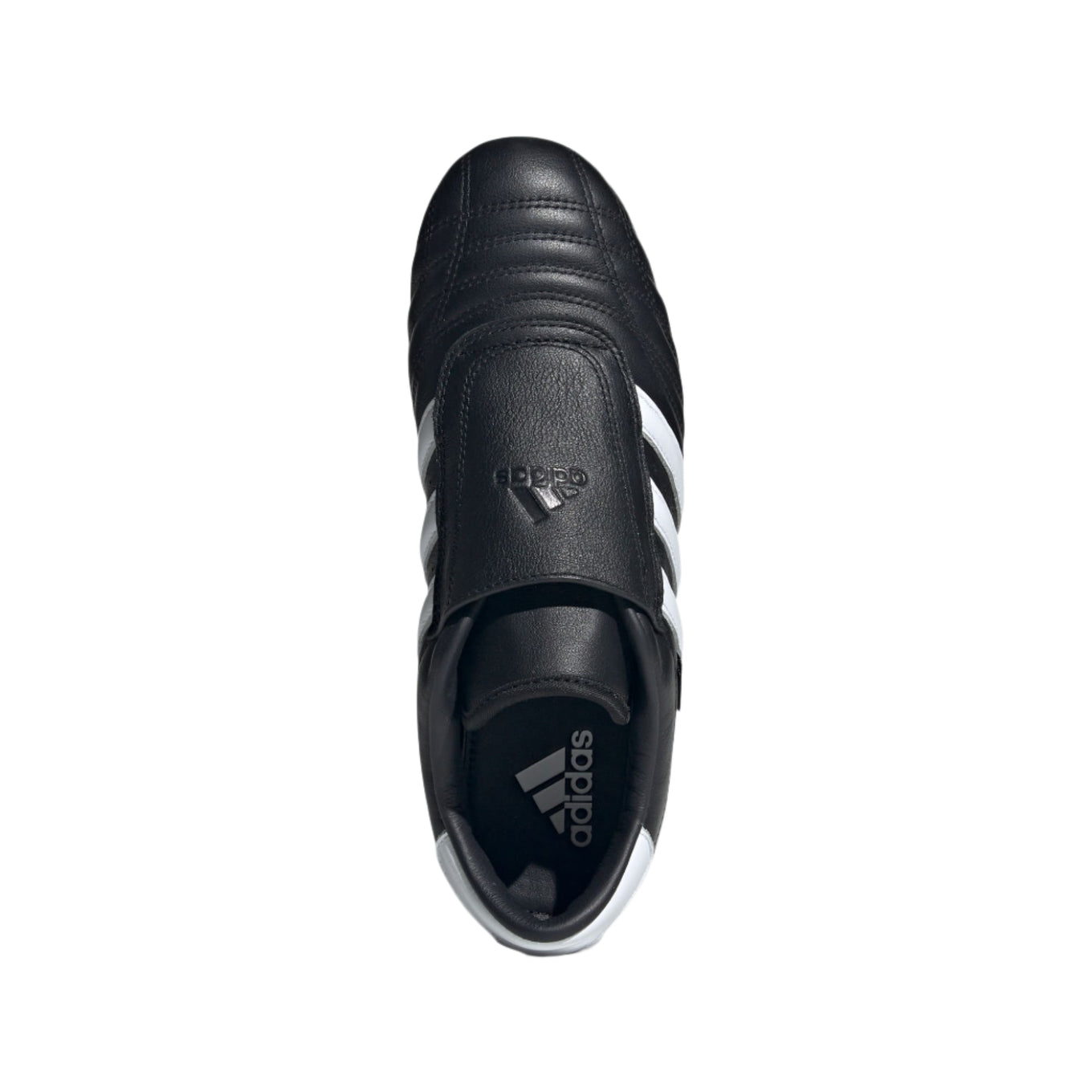 Adidas Taekwondo shoes in soft leather with slip-on design, featuring bold 3-Stripes, unique forefoot stitching, and low-profile rubber outsole.


