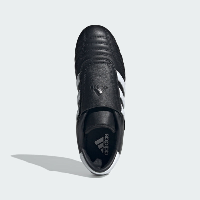 Adidas Taekwondo shoes in soft leather with slip-on design, featuring bold 3-Stripes, unique forefoot stitching, and low-profile rubber outsole.


