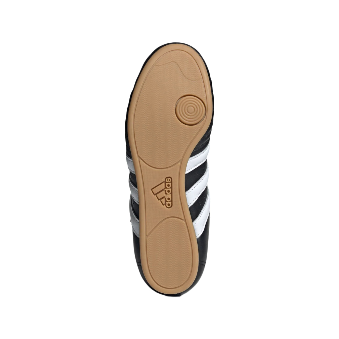 Adidas Taekwondo shoes in soft leather with slip-on design, featuring bold 3-Stripes, unique forefoot stitching, and low-profile rubber outsole.


