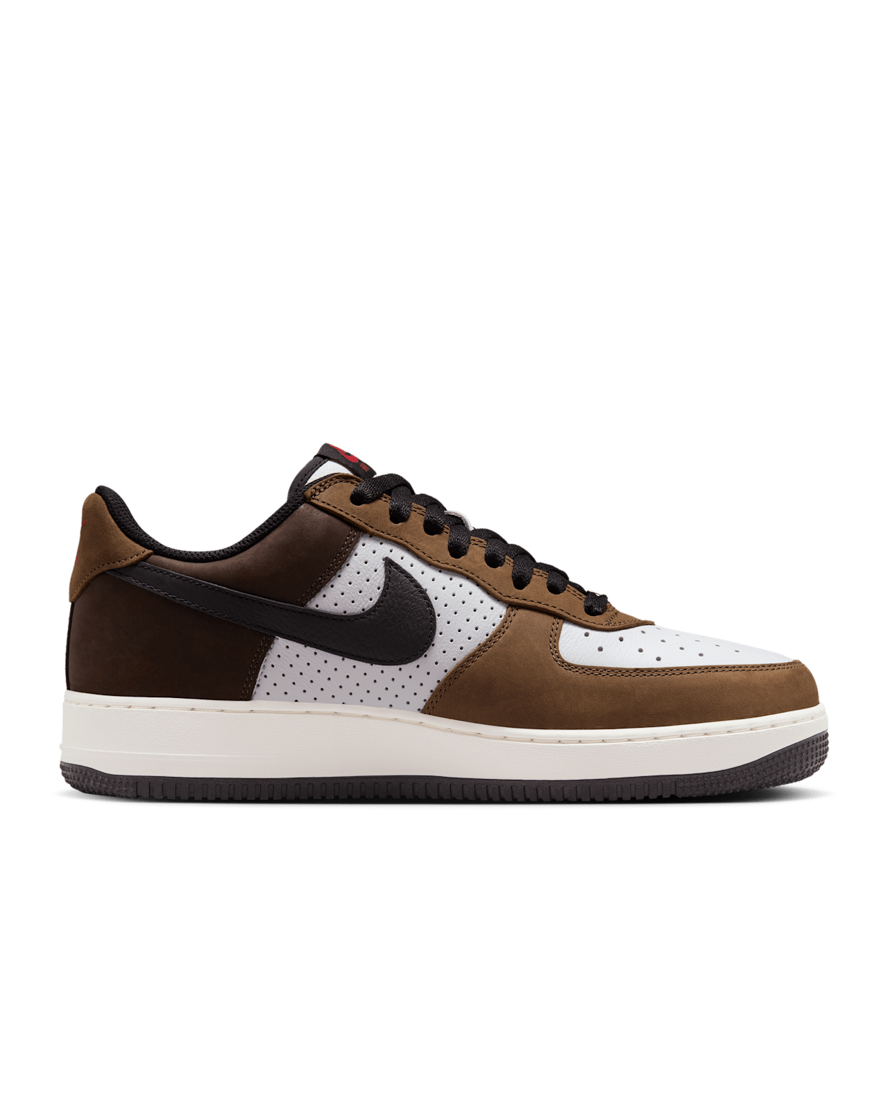 Nike Air Force 1 “Escape” with white leather upper, brown accents, and red tongue logo