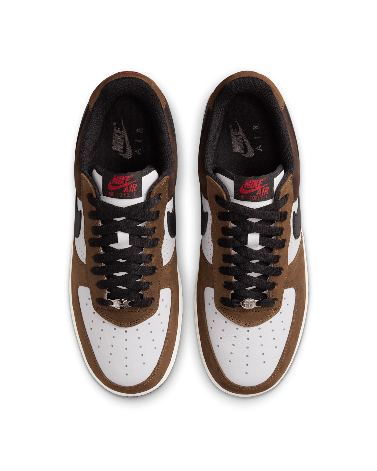 Nike Air Force 1 “Escape” with white leather upper, brown accents, and red tongue logo