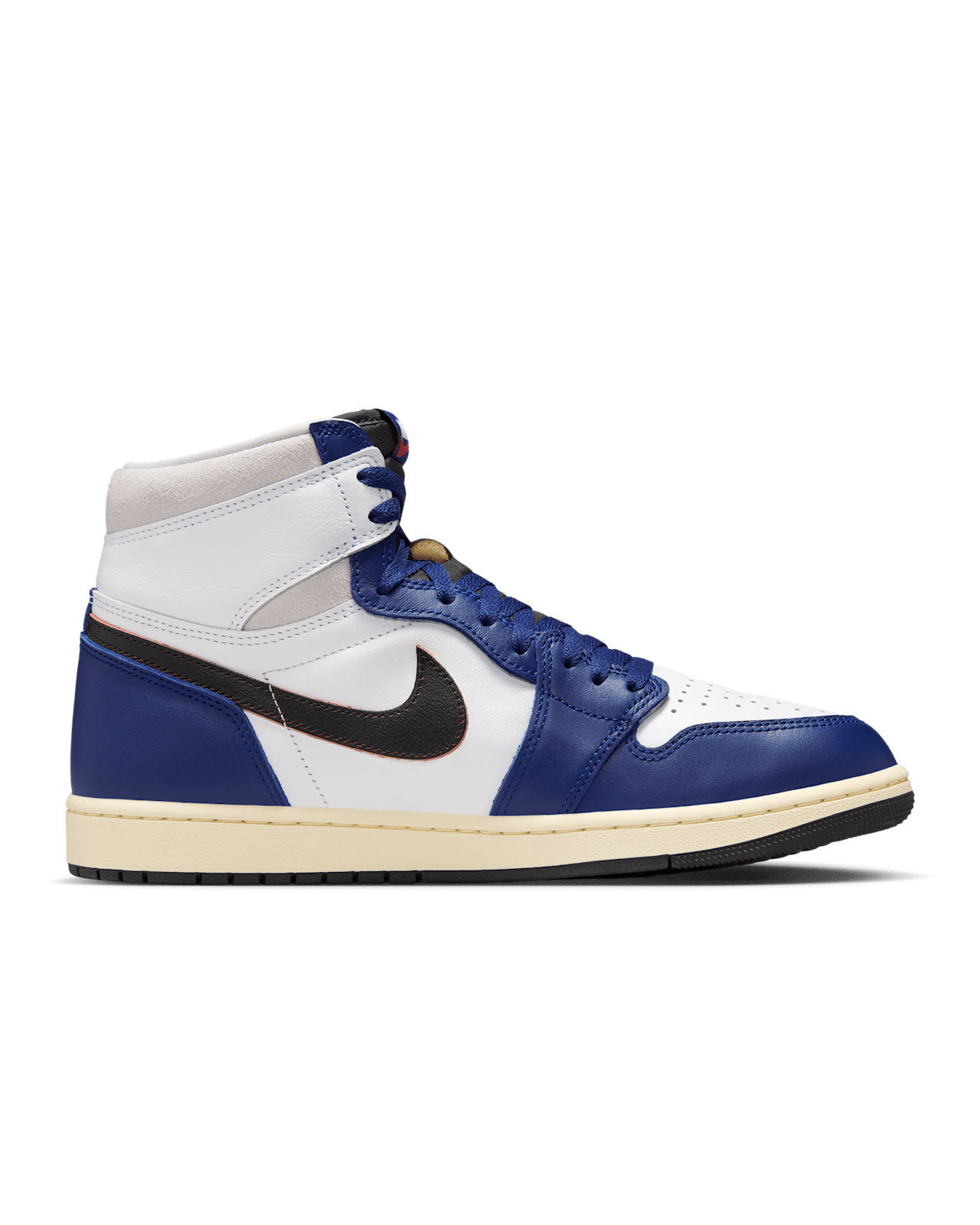 Air Jordan 1 Retro High OG Rare Air sneaker featuring brush-off Swoosh, Deep Royal Blue NIKE AIR label, and mismatched packaging