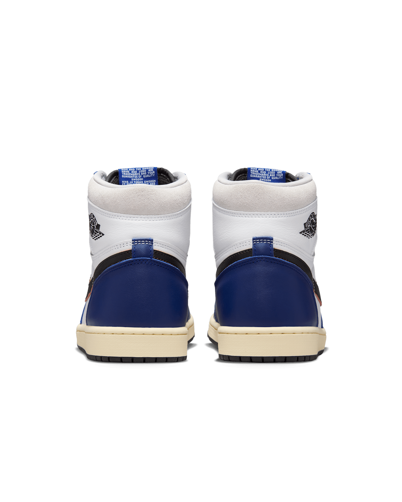 Air Jordan 1 Retro High OG Rare Air sneaker featuring brush-off Swoosh, Deep Royal Blue NIKE AIR label, and mismatched packaging