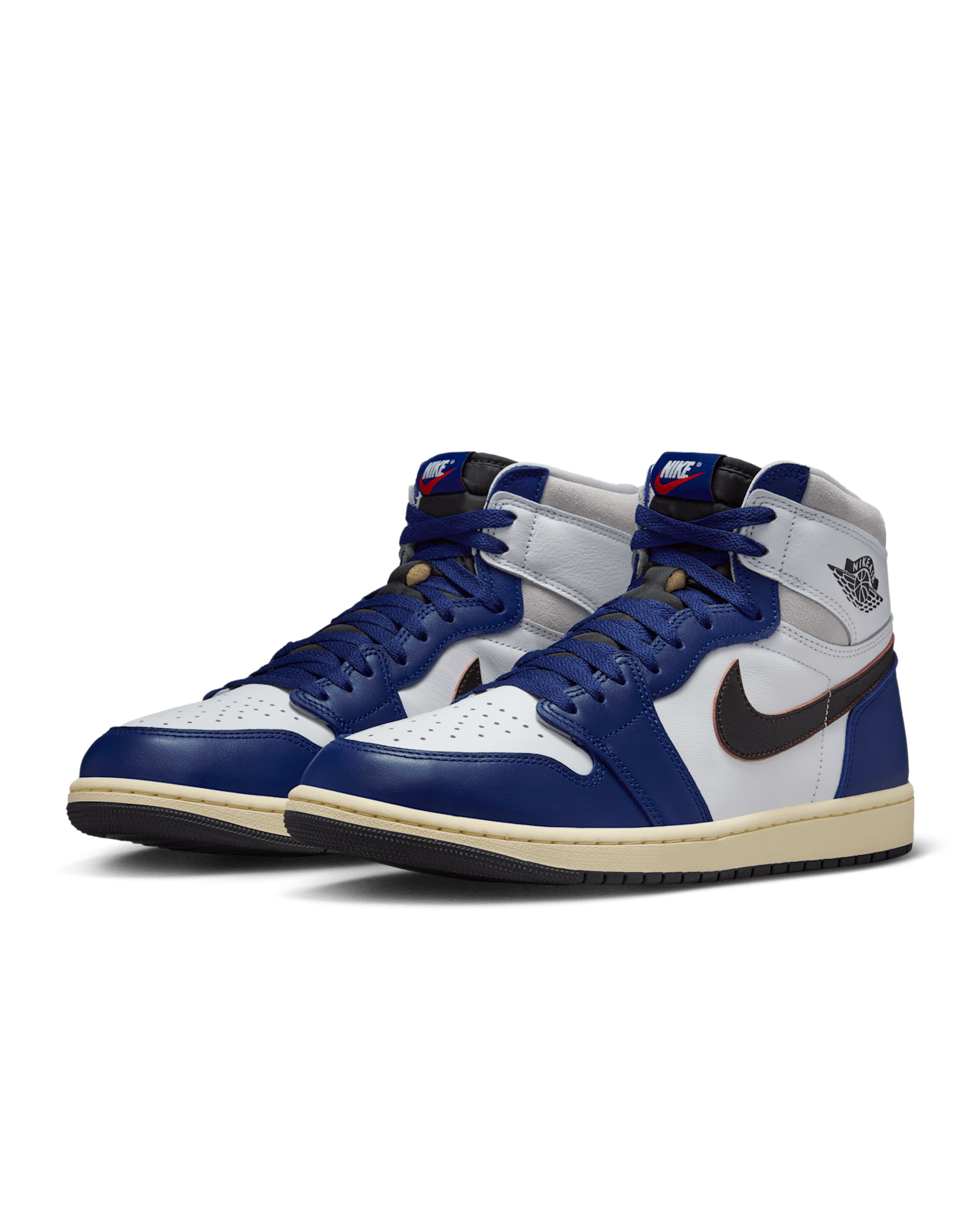 Air Jordan 1 Retro High OG Rare Air sneaker featuring brush-off Swoosh, Deep Royal Blue NIKE AIR label, and mismatched packaging