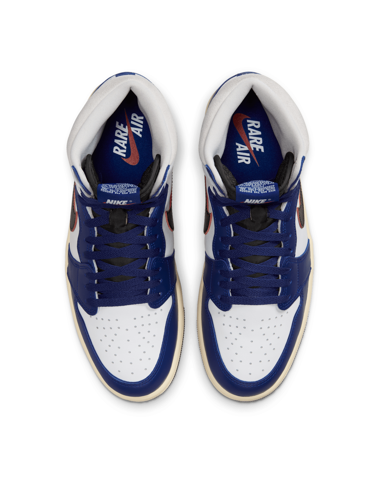 Air Jordan 1 Retro High OG Rare Air sneaker featuring brush-off Swoosh, Deep Royal Blue NIKE AIR label, and mismatched packaging