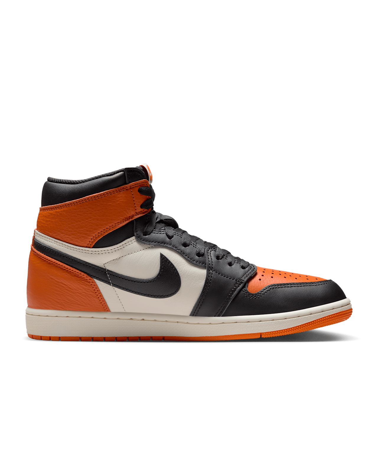 Air Jordan 1 "Shattered Backboard" sneakers with bold orange, black, and white tumbled leather design inspired by MJ’s iconic 1985 dunk in Italy.