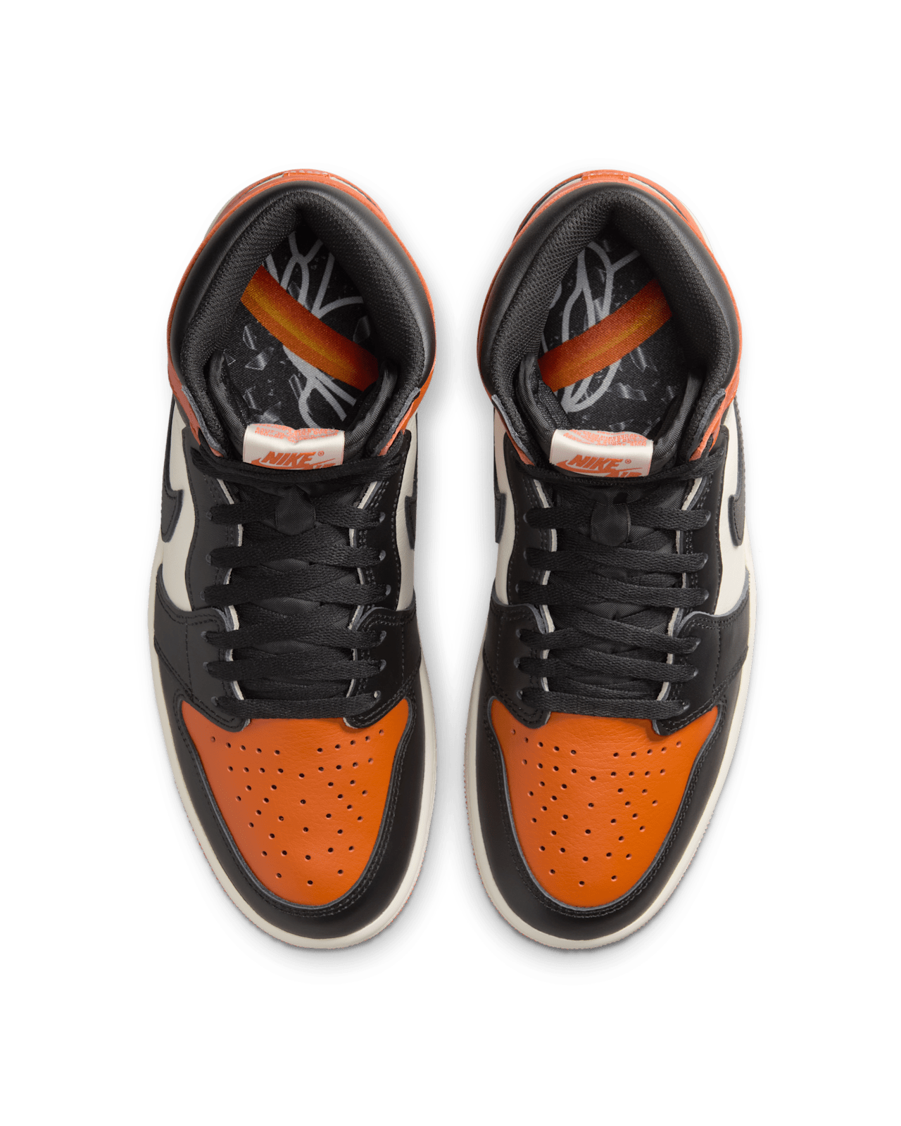 Air Jordan 1 "Shattered Backboard" sneakers with bold orange, black, and white tumbled leather design inspired by MJ’s iconic 1985 dunk in Italy.