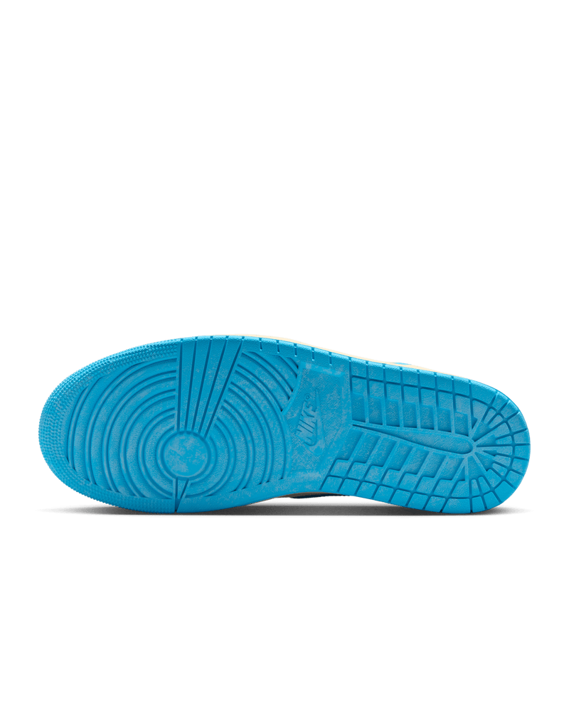 Air Jordan 1 Retro High OG University Blue with distressed leather, Sail and Dark Powder Blue colorway, inspired by Michael Jordan’s college years