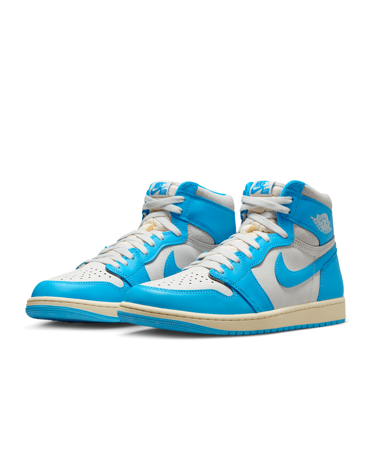 Air Jordan 1 Retro High OG University Blue with distressed leather, Sail and Dark Powder Blue colorway, inspired by Michael Jordan’s college years