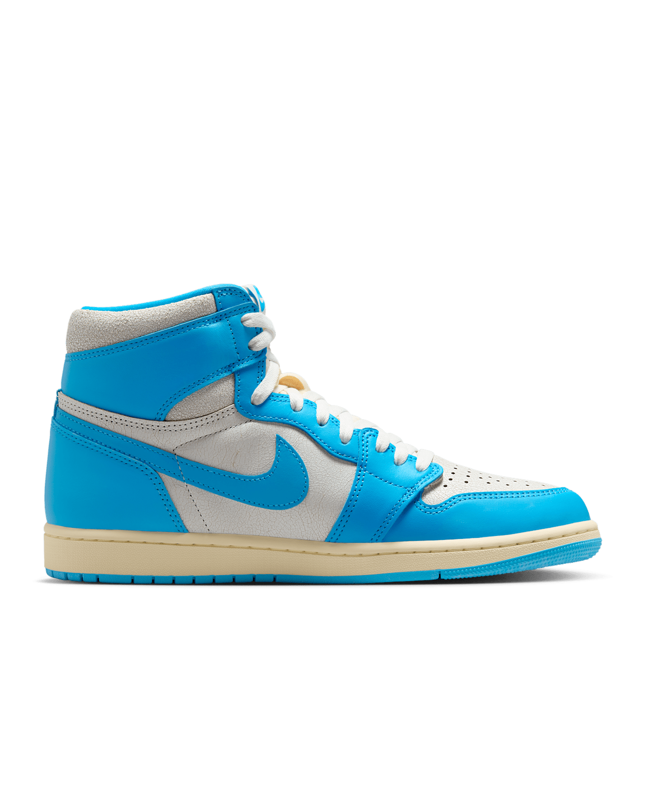 Air Jordan 1 Retro High OG University Blue with distressed leather, Sail and Dark Powder Blue colorway, inspired by Michael Jordan’s college years