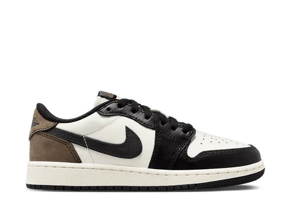 Nike Air Jordan 1 Low OG “Mocha” sneaker in white, black, and brown, revealing its classic color palette and iconic design.