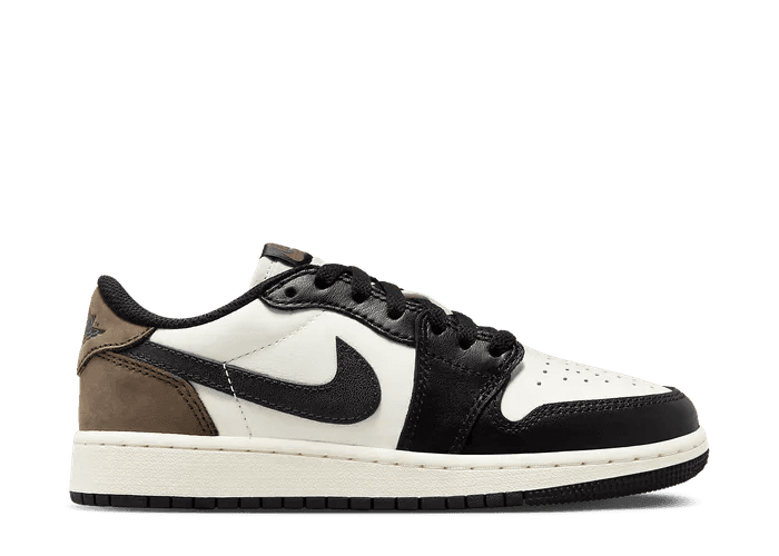 Nike Air Jordan 1 Low OG “Mocha” sneaker in white, black, and brown, revealing its classic color palette and iconic design.