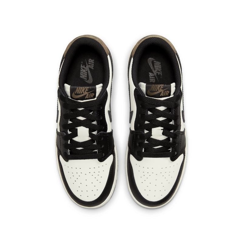 Nike Air Jordan 1 Low OG “Mocha” sneaker in white, black, and brown, revealing its classic color palette and iconic design.