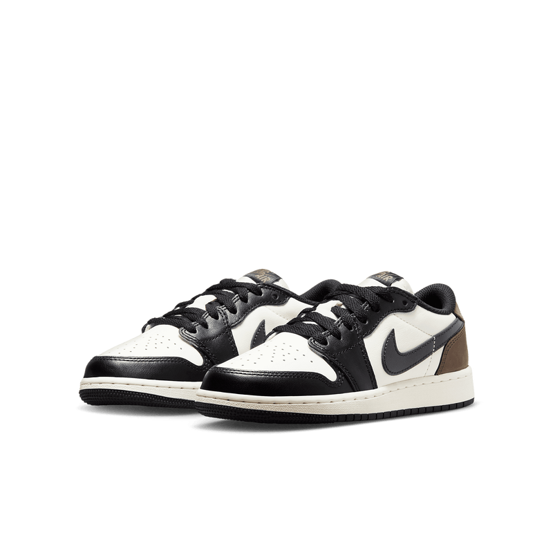 Nike Air Jordan 1 Low OG “Mocha” sneaker in white, black, and brown, revealing its classic color palette and iconic design.