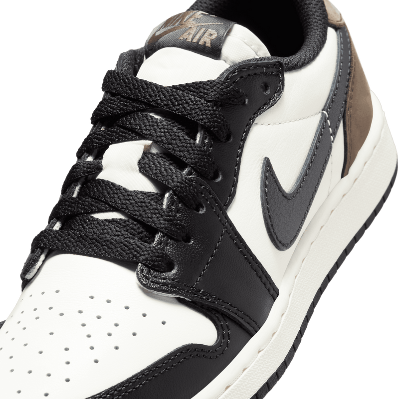 Nike Air Jordan 1 Low OG “Mocha” sneaker in white, black, and brown, revealing its classic color palette and iconic design.