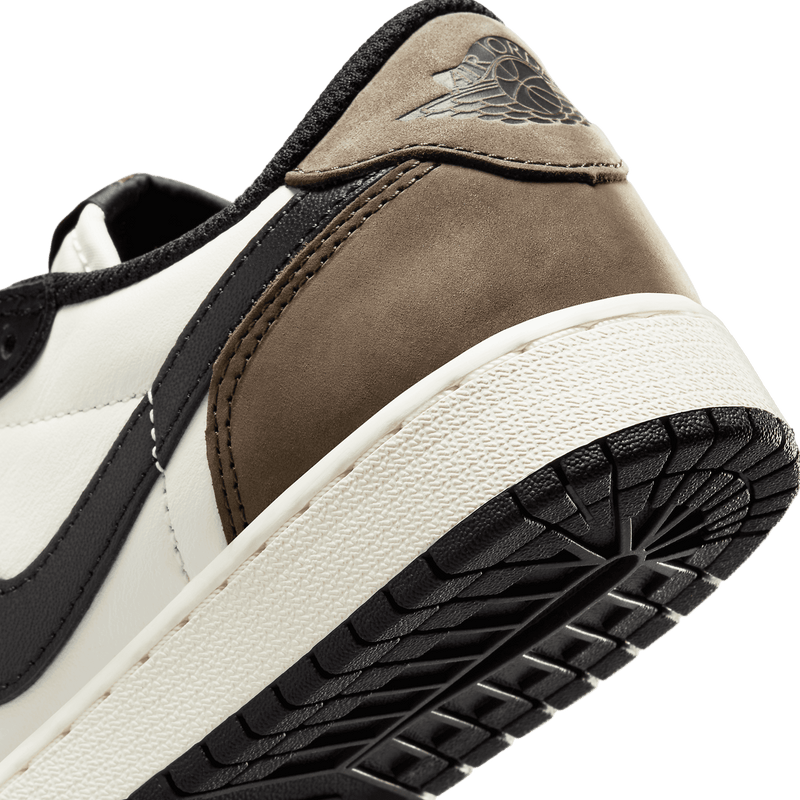 Nike Air Jordan 1 Low OG “Mocha” sneaker in white, black, and brown, revealing its classic color palette and iconic design.