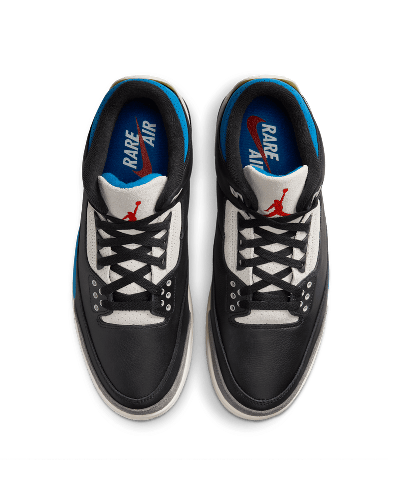 Air Jordan 3 "Rare Air" sneaker with grey suede overlays, mirrored Nike Air heel branding, and premium materials