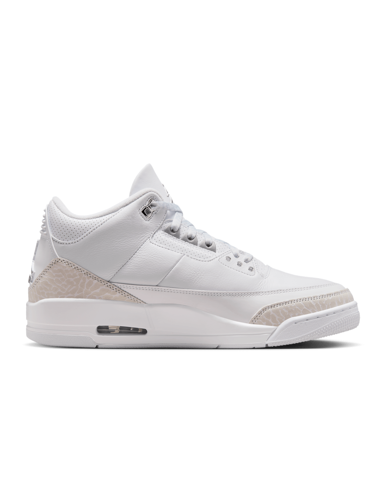 Air Jordan 3 in white leather with elephant print overlays and metallic silver accents
