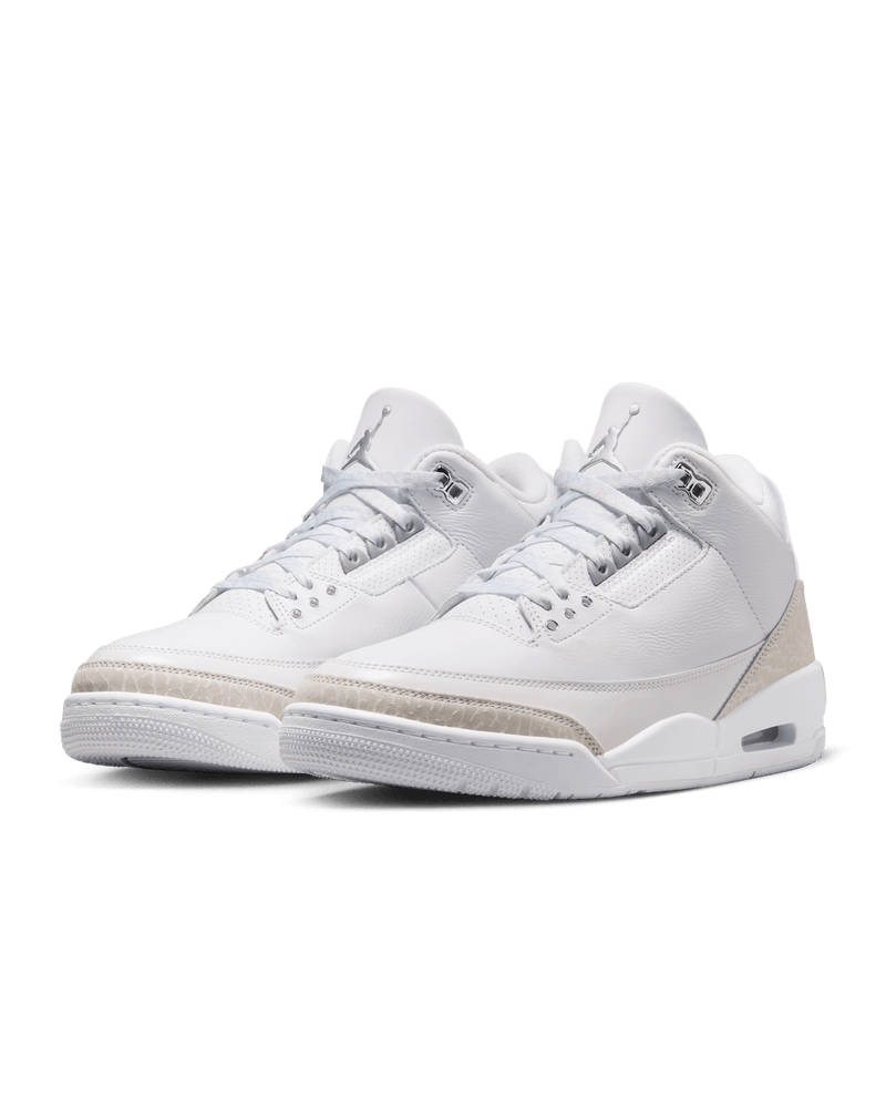 Air Jordan 3 in white leather with elephant print overlays and metallic silver accents