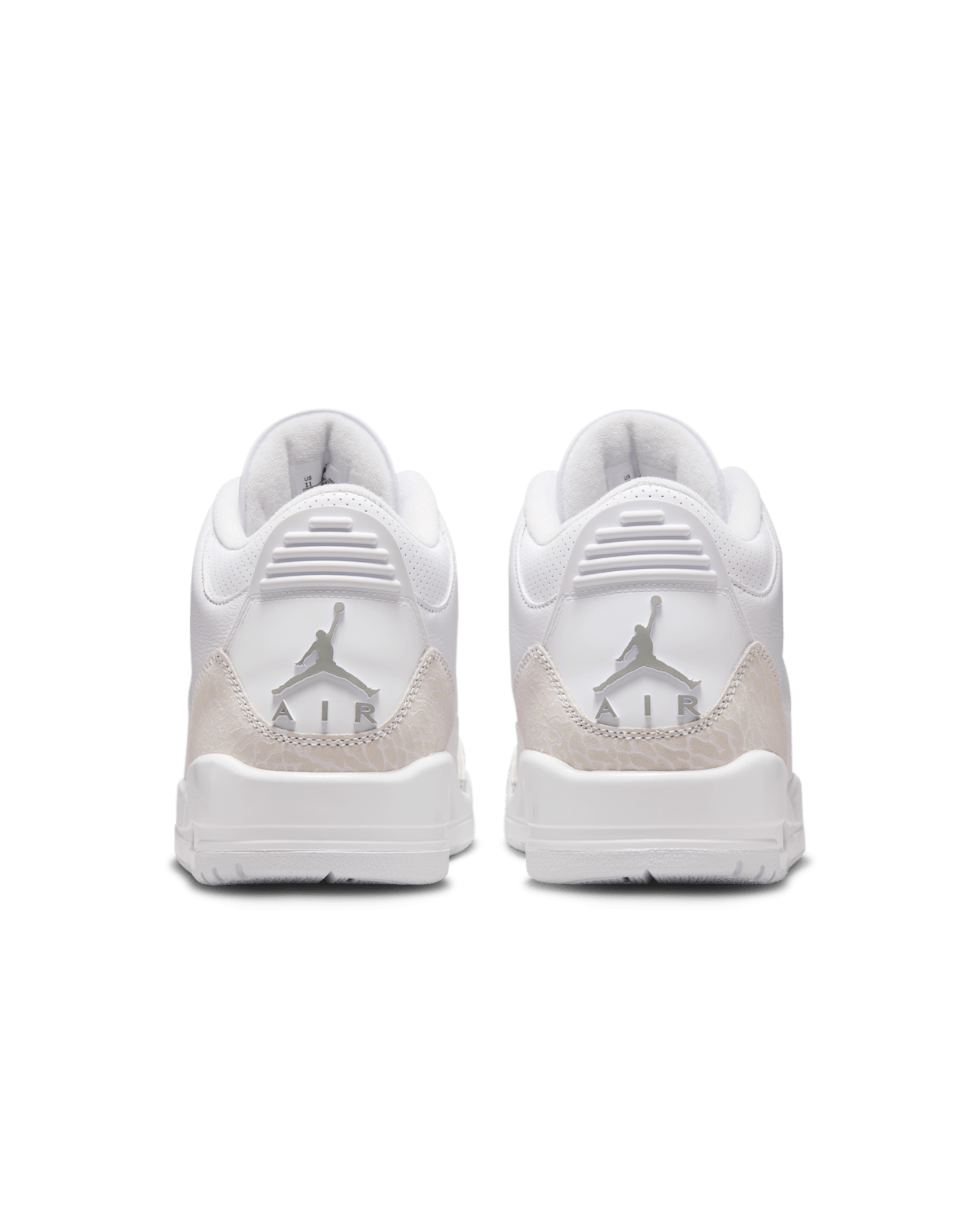 Air Jordan 3 in white leather with elephant print overlays and metallic silver accents