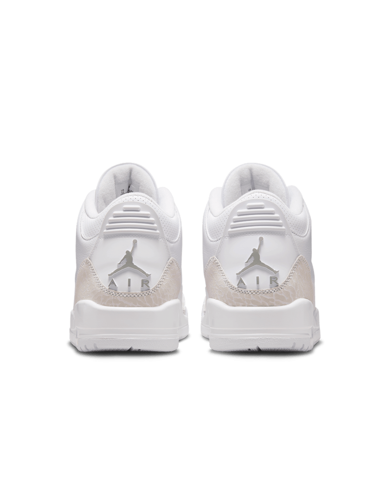 Air Jordan 3 in white leather with elephant print overlays and metallic silver accents