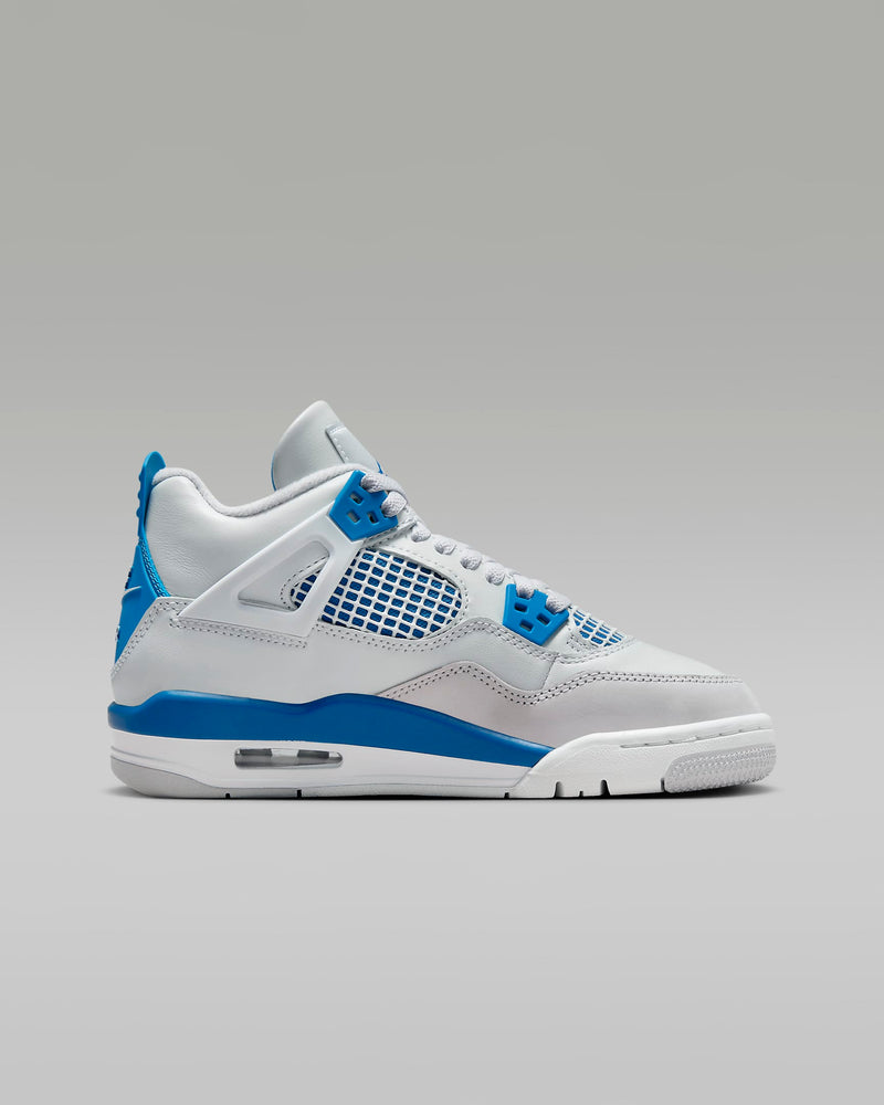 Reinventing Classic: AJ4 with Deep Blue Accents, Premium Materials, and Lightweight Nike Air Cushioning. 