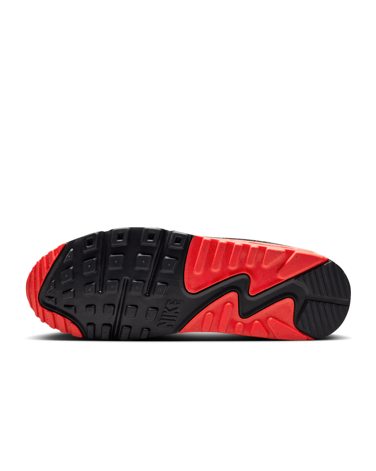 Nike Air Max 90 shoes with Cool Grey leather upper, Bright Crimson accents, black mudguard, and visible Max Air unit