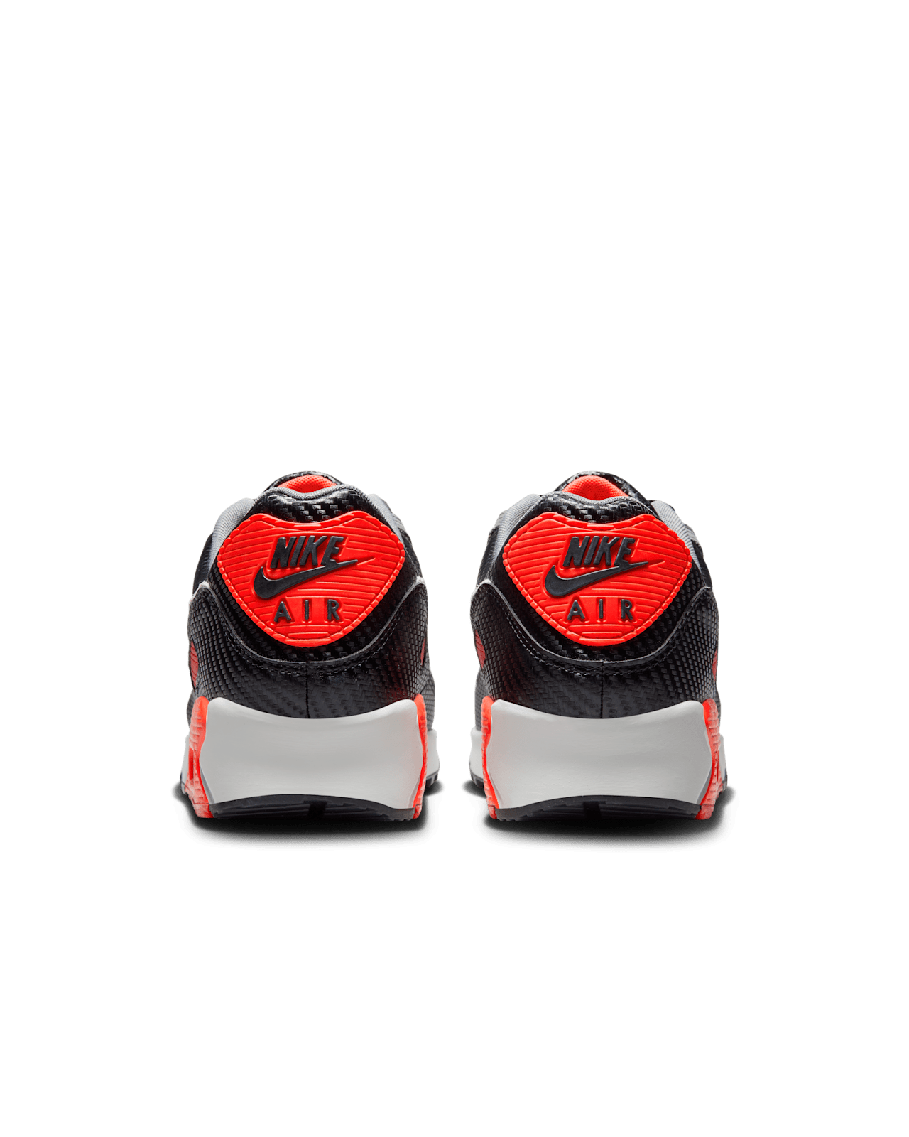 Nike Air Max 90 shoes with Cool Grey leather upper, Bright Crimson accents, black mudguard, and visible Max Air unit