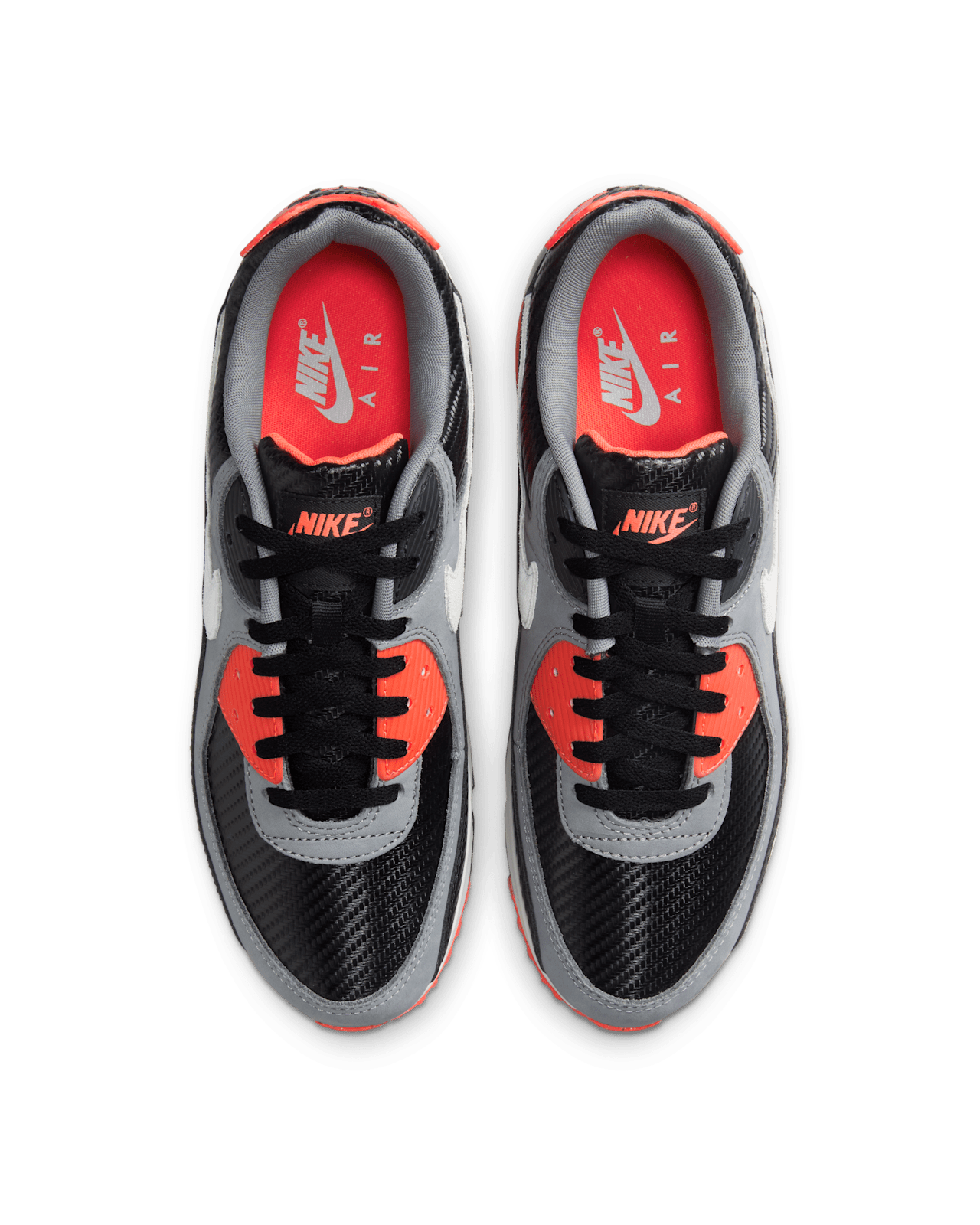 Nike Air Max 90 shoes with Cool Grey leather upper, Bright Crimson accents, black mudguard, and visible Max Air unit