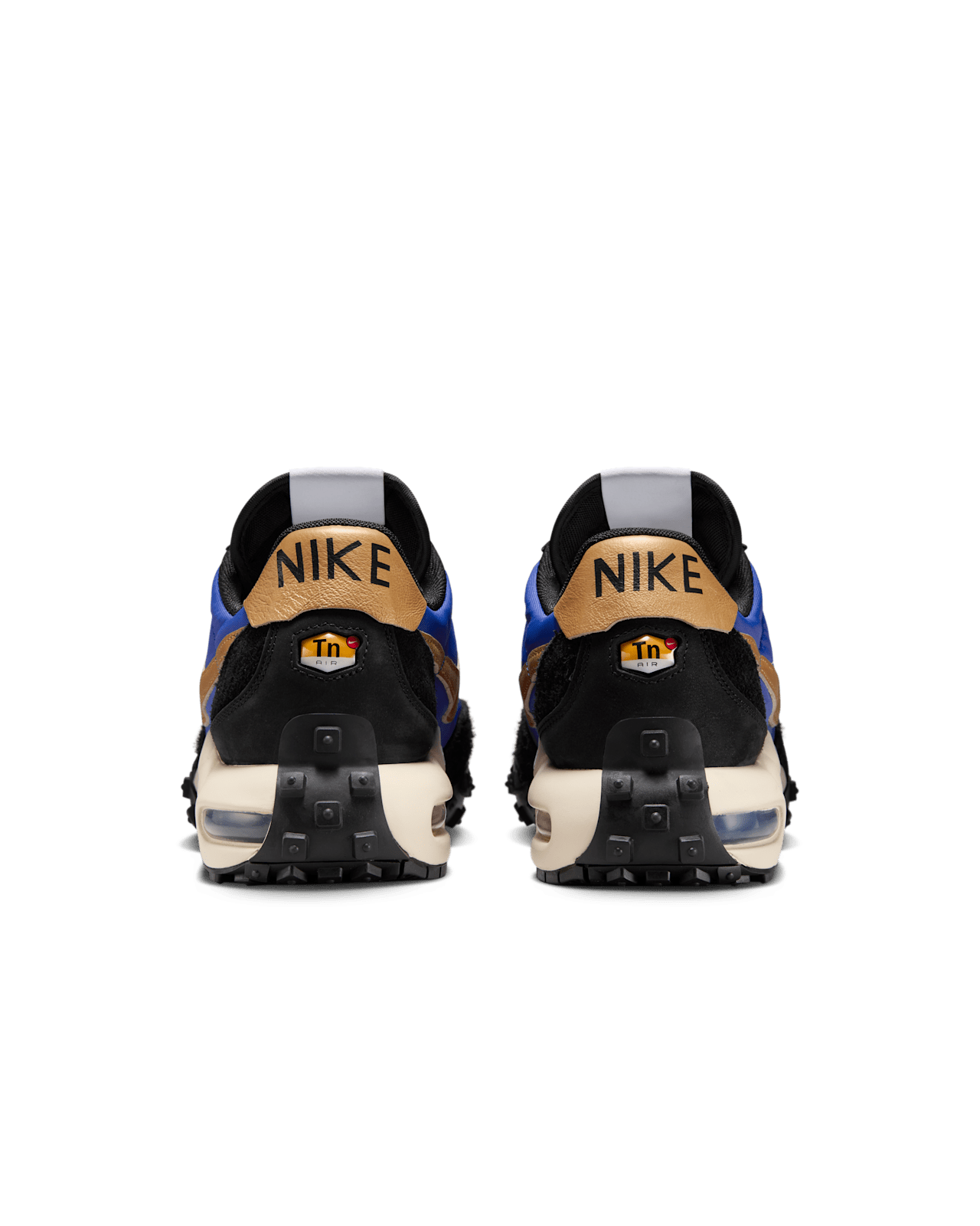 Air Max Waffle sneakers with black and Hyper Blue upper, featuring Metallic Gold accents and Waffle outsole.