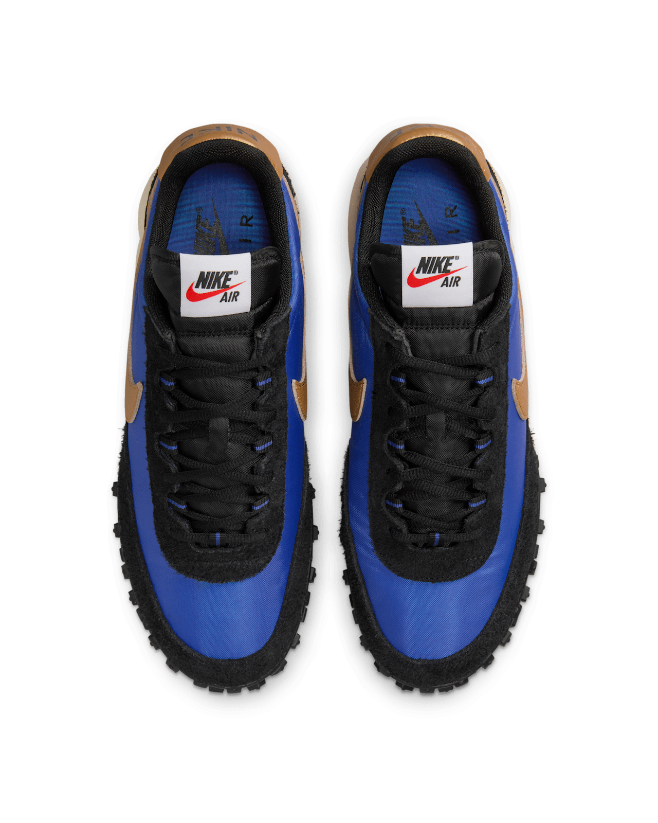 Air Max Waffle sneakers with black and Hyper Blue upper, featuring Metallic Gold accents and Waffle outsole.